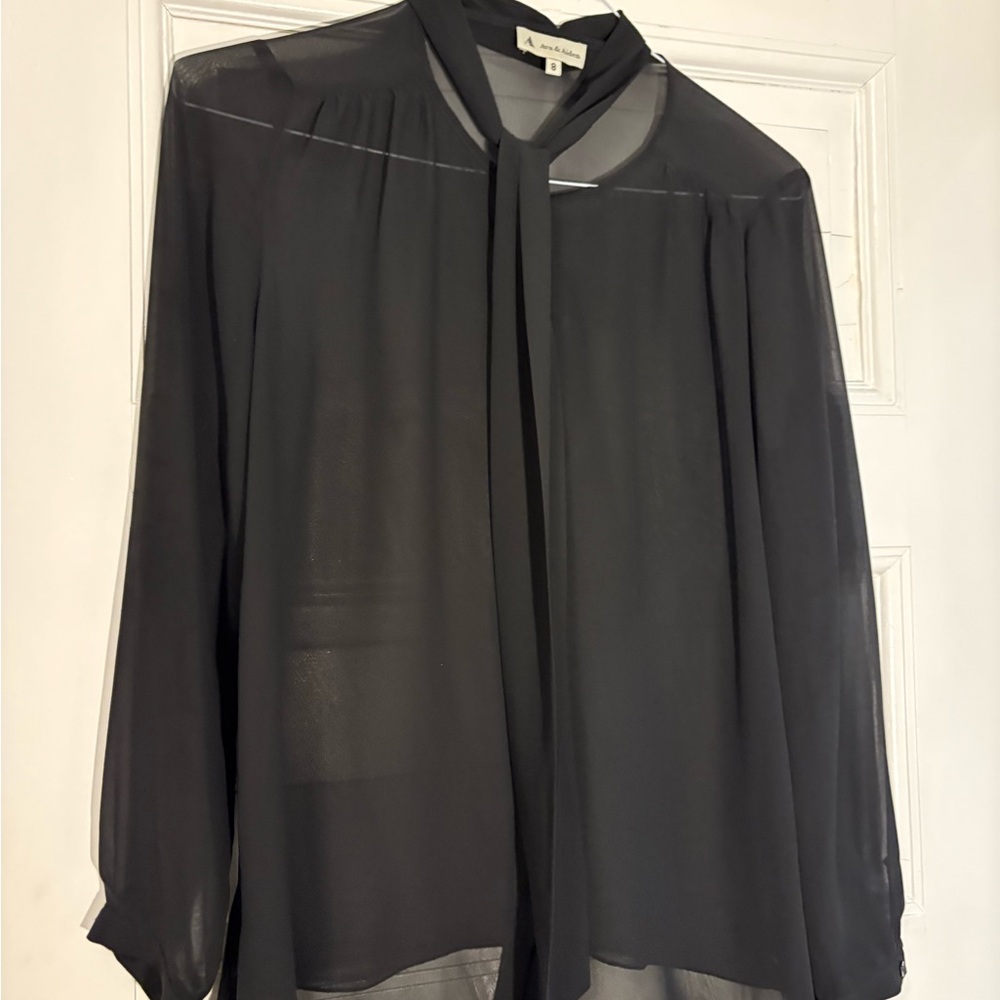 Ava & Aiden Black Sheer Tie-Neck Blouse